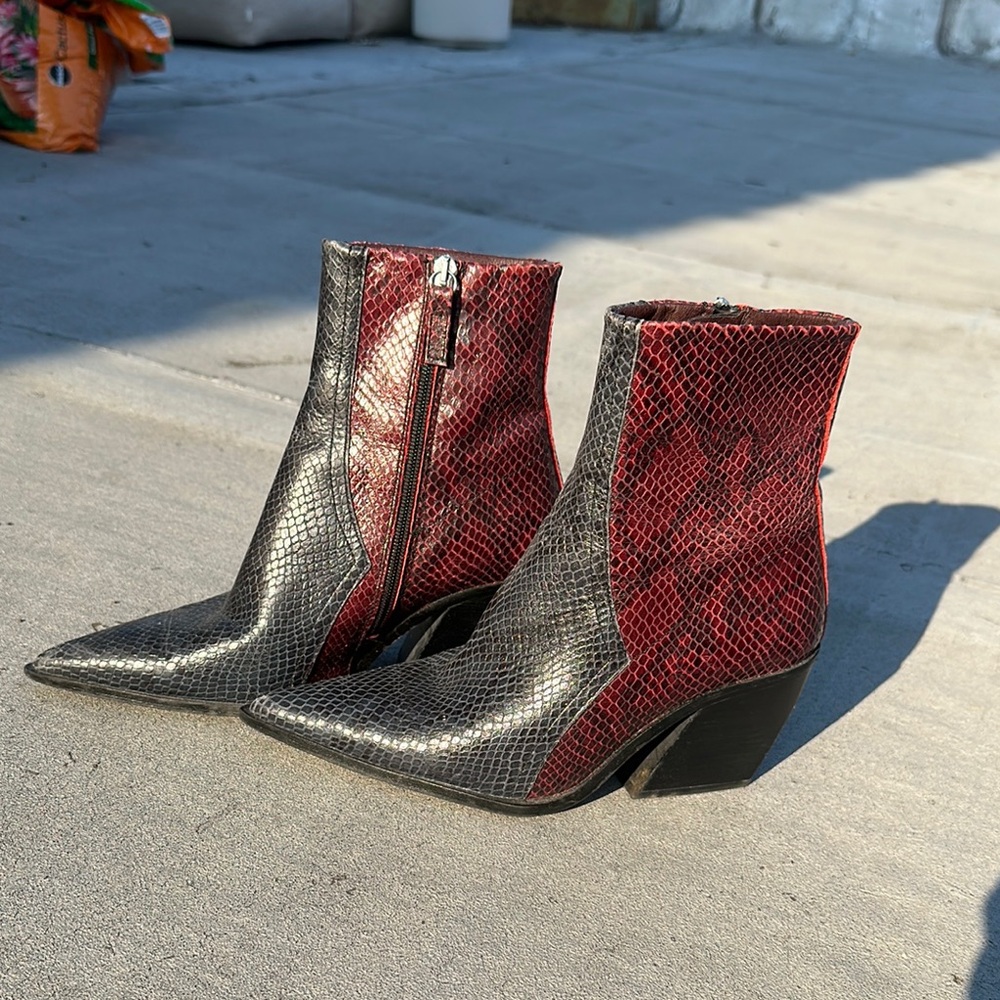 Topshop Red and Black Heeled Boots with Snakeskin Texture